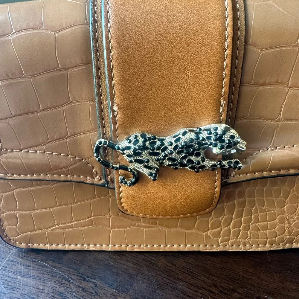 Topshop Tan Croc-Embossed Mini Belt Bag with Leopard Clasp - Picture 2 of 14